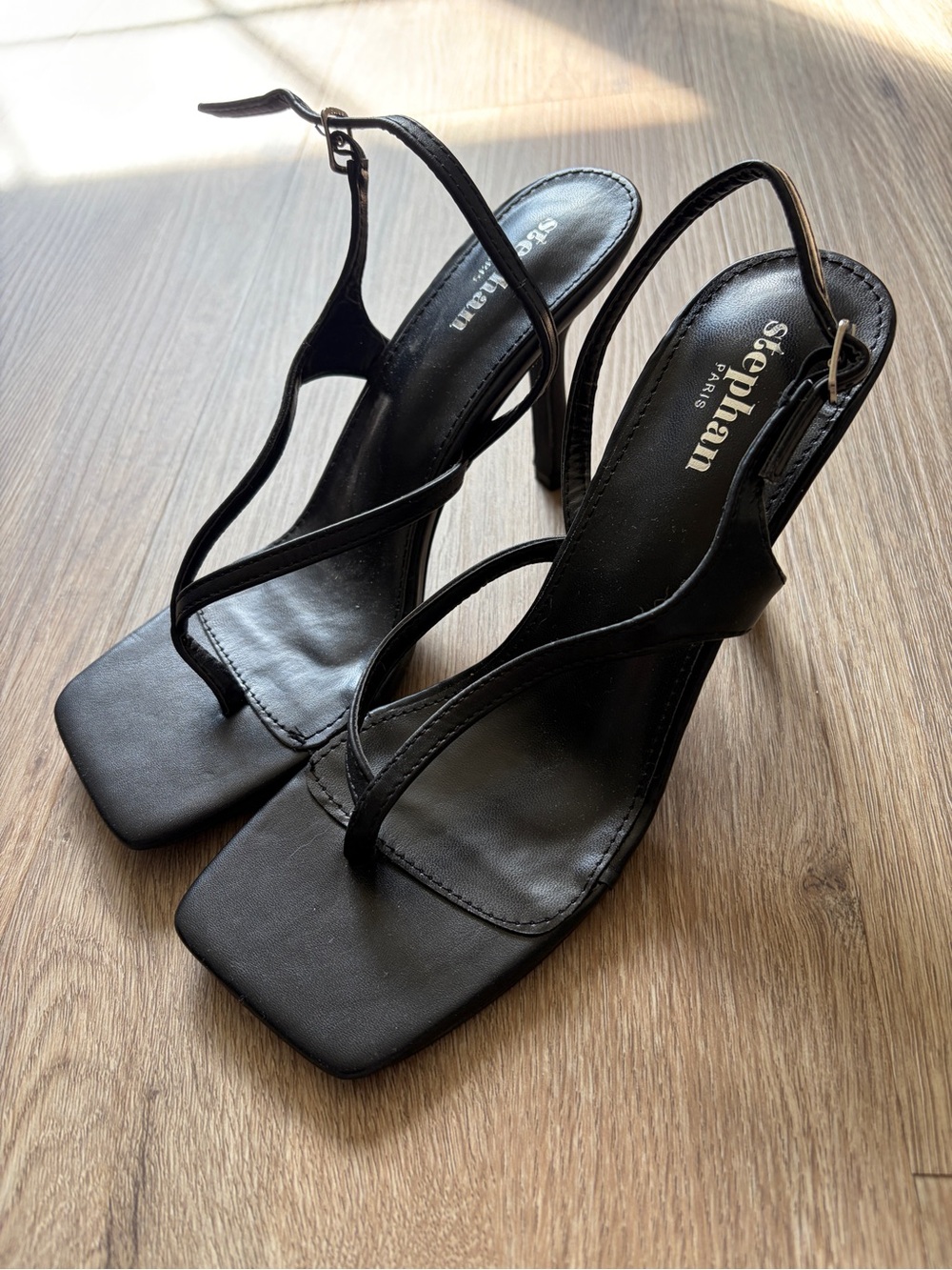 Black Strappy Square-Toe Slingback Heels
